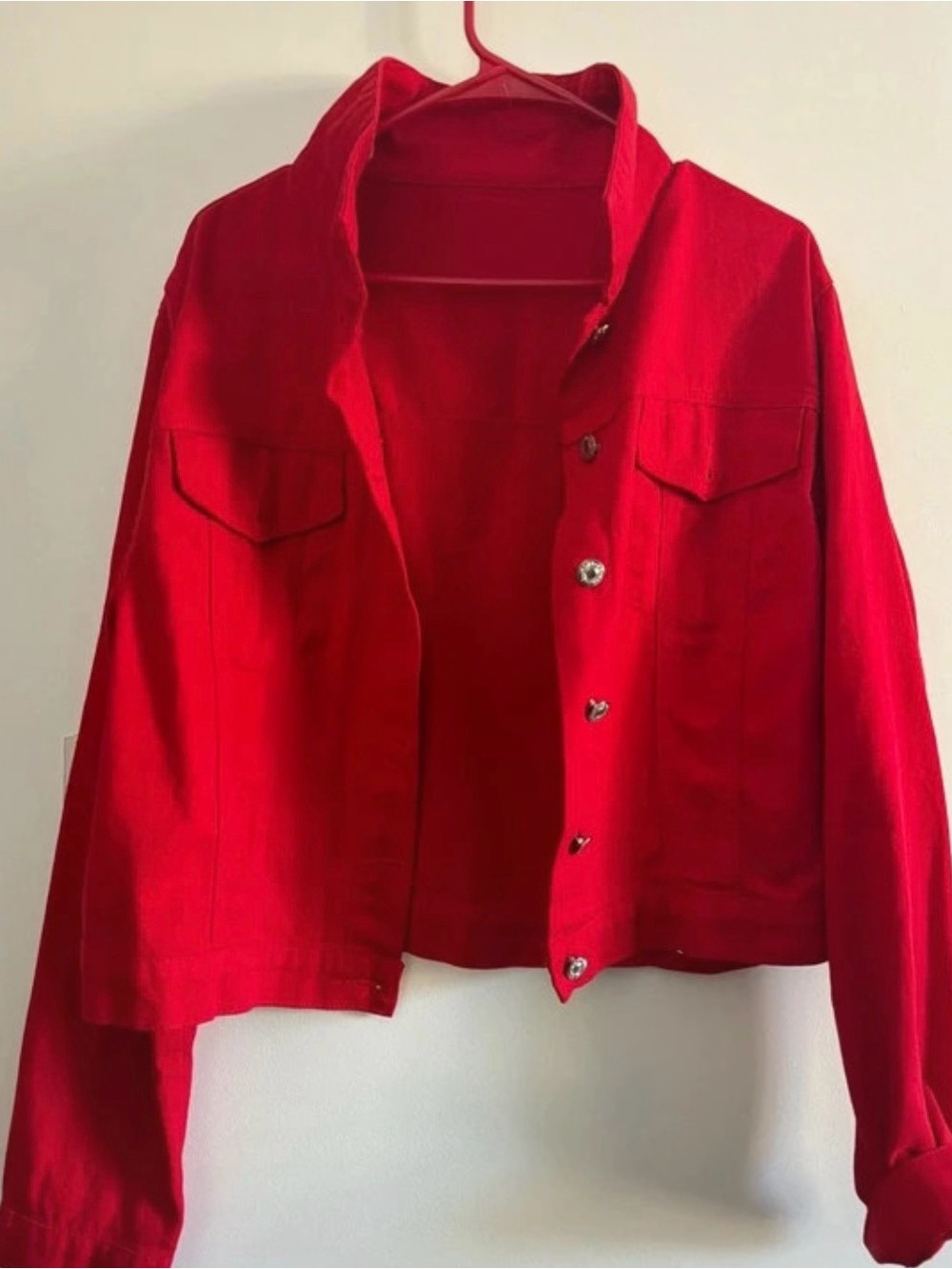 Cropped Red Button-Front Jean Jacket for Women